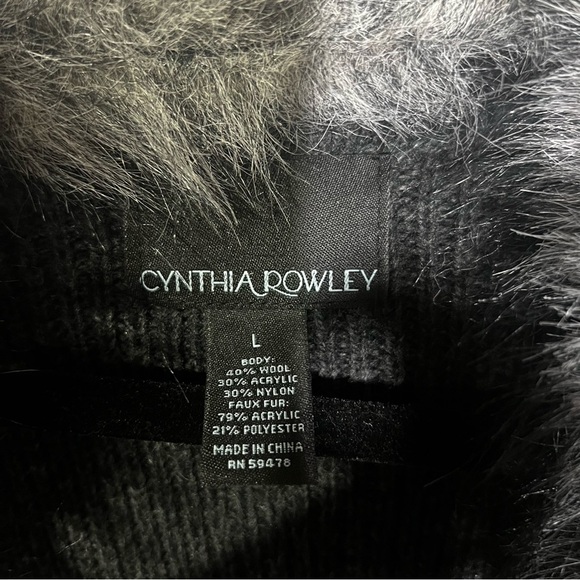 Cynthia Rowley Belted Cardigan Charcoal Gray Fur Collar Silver Size Large Wool - Picture 4 of 12